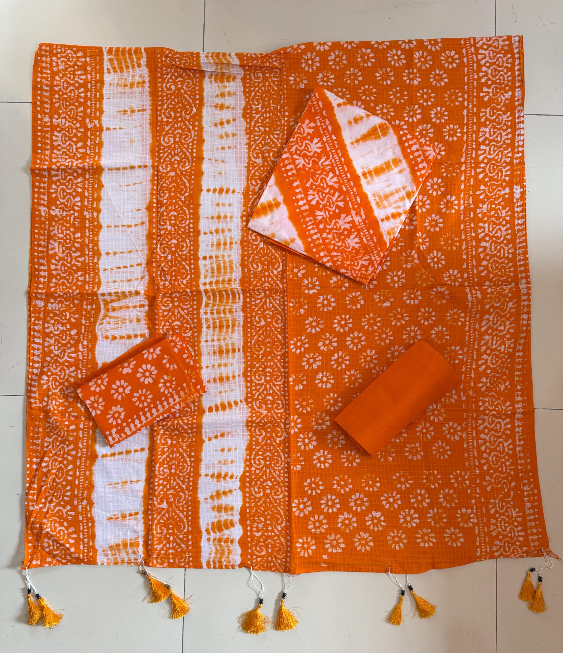Orange/ White -বাটিক থ্রি পিস