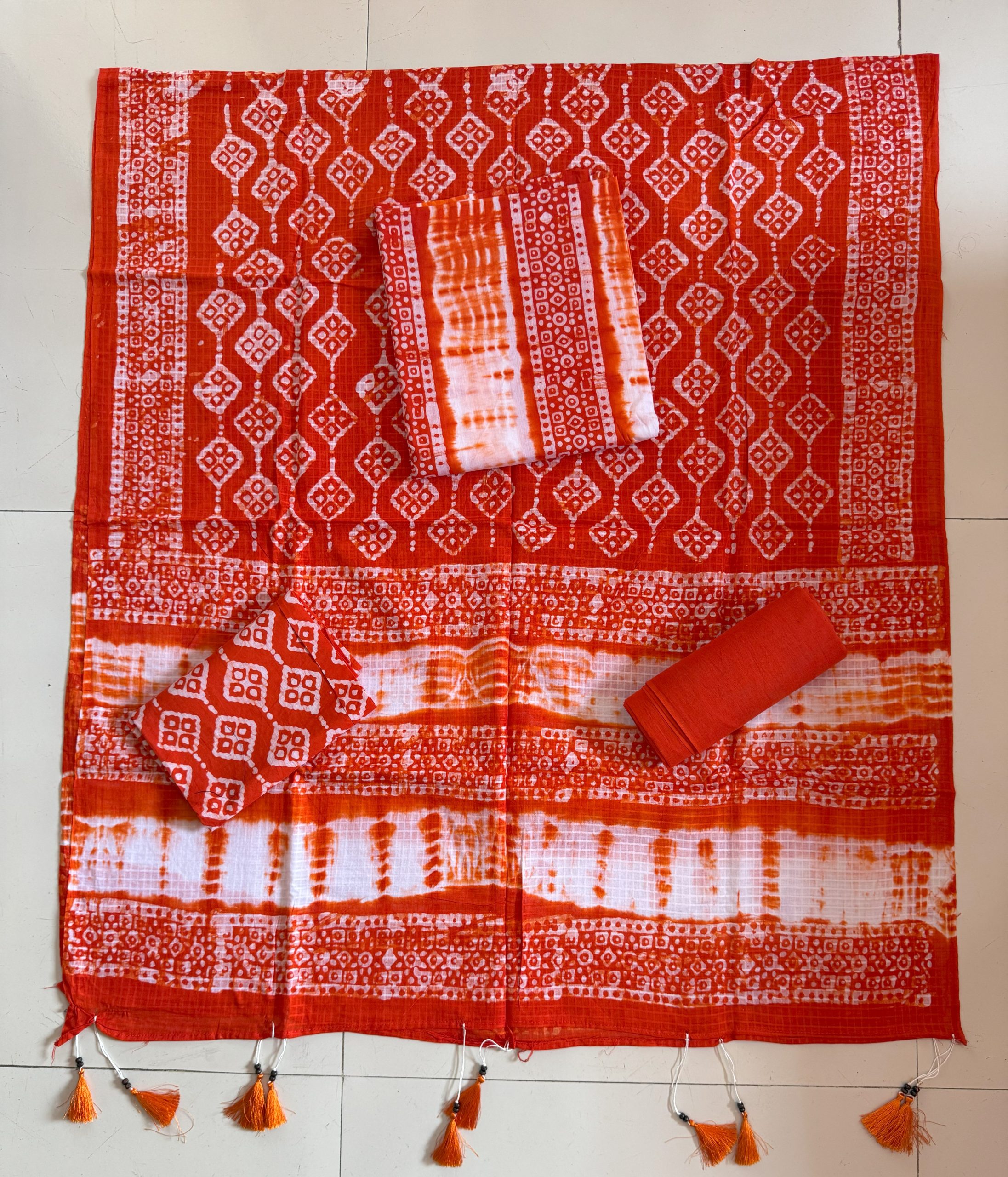 Red Orange/ White -বাটিক থ্রি পিস