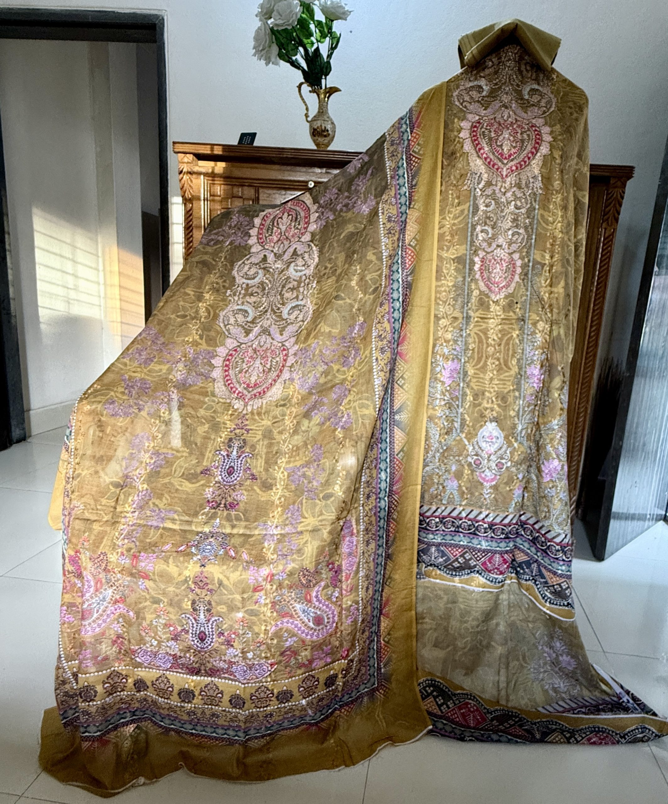 Light Olive Multicolor- শালিকা (সুতার কাজ করা)