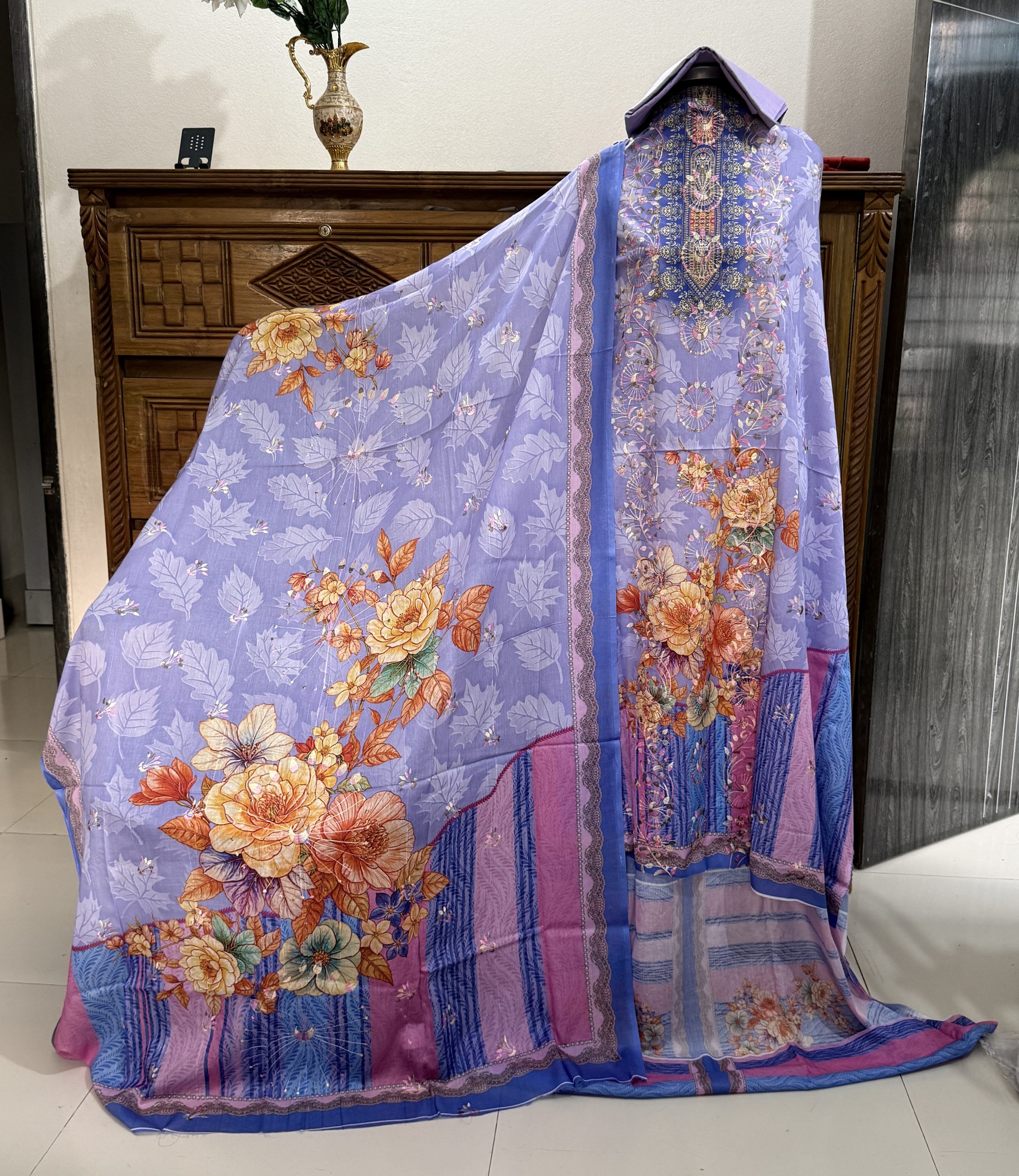 Light Sky Blue Multicolor- বারিশ কটন (সুতার কাজ করা)
