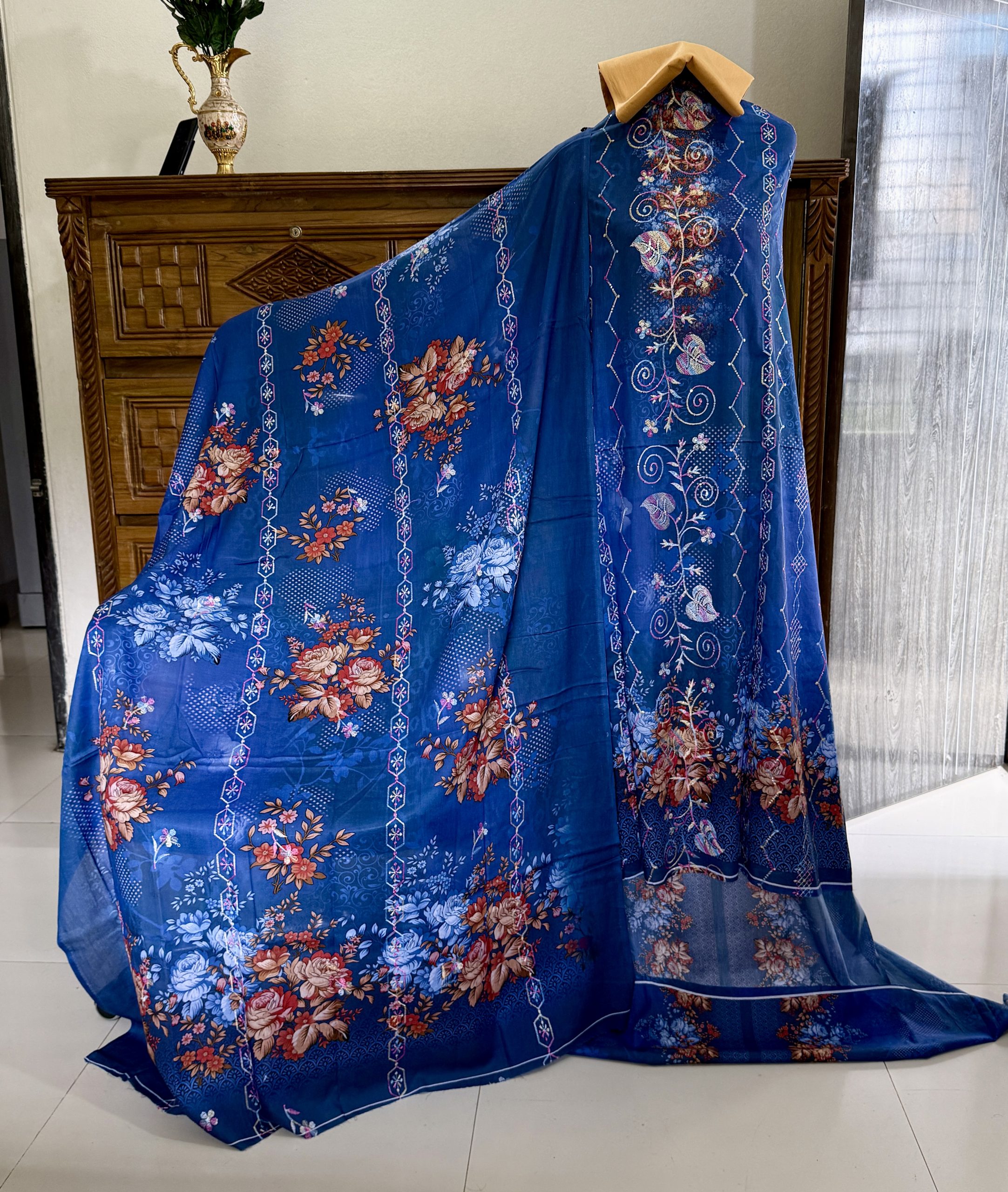 Blue Multicolor- বারিশ কটন (সুতার কাজ করা)