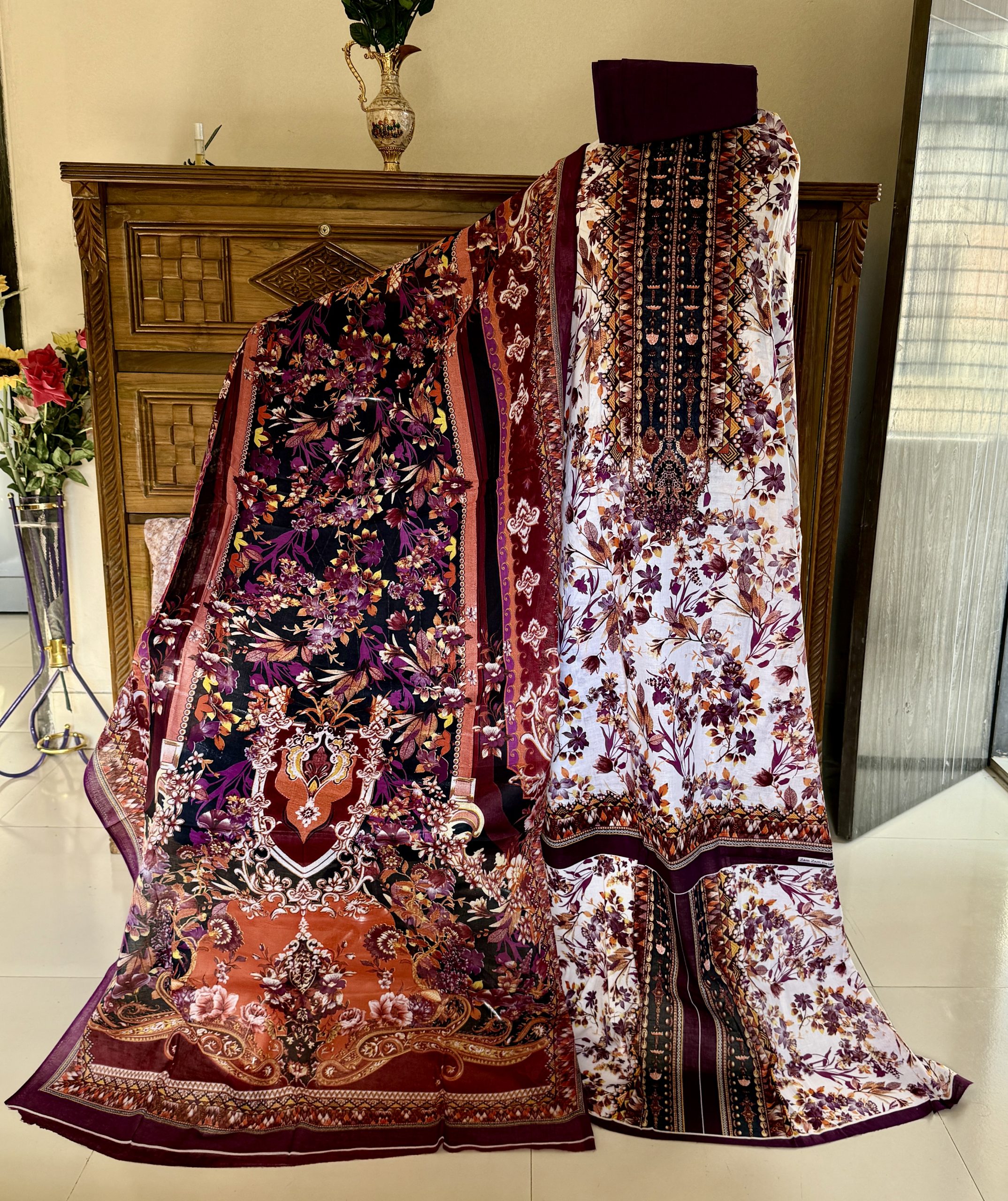 Dark Maroon Multicolor-বোম্বে কটন