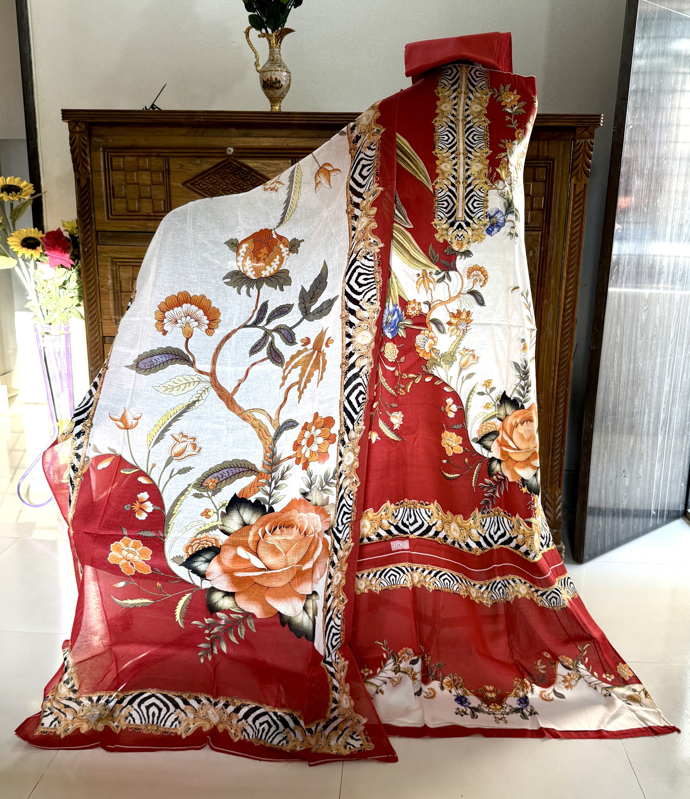 Deep Red/ Ivory Multicolor-বোম্বে কটন